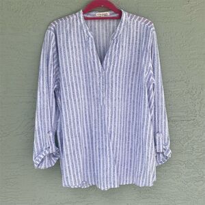 Hester & Orchard Women's XL Striped V-Neck Long Sleeve Blouse White